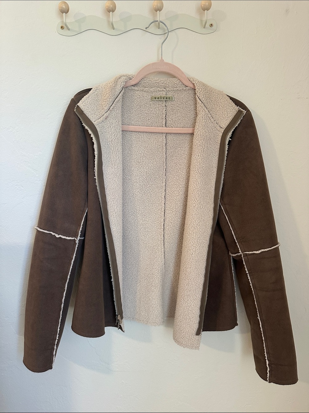 Velvet Brown Suede-Look Teddy Zip Jacket with Cream Lining
